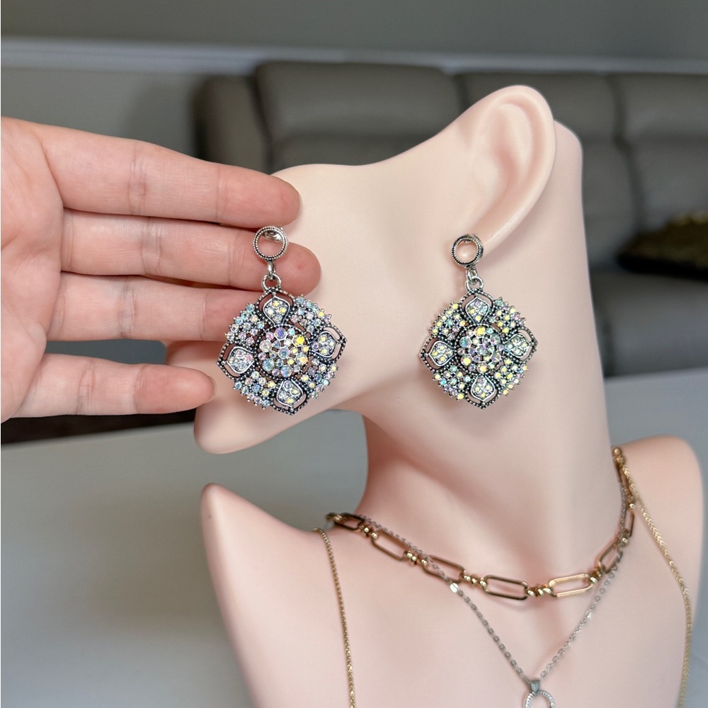 Silver-Tone Crystal Cluster Drop Earrings - Picture 6 of 9